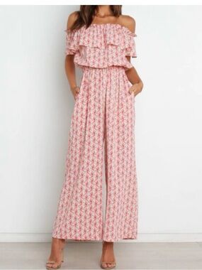 Petal & Pup Session Off-Shoulder Ruffle Pink Floral Wide-Leg Jumpsuit Size 2